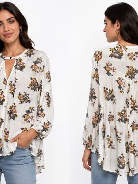 Free People Boho Floral Tunic Blouse w/ Pockets Flowy Peasant Top Cottagecore-S